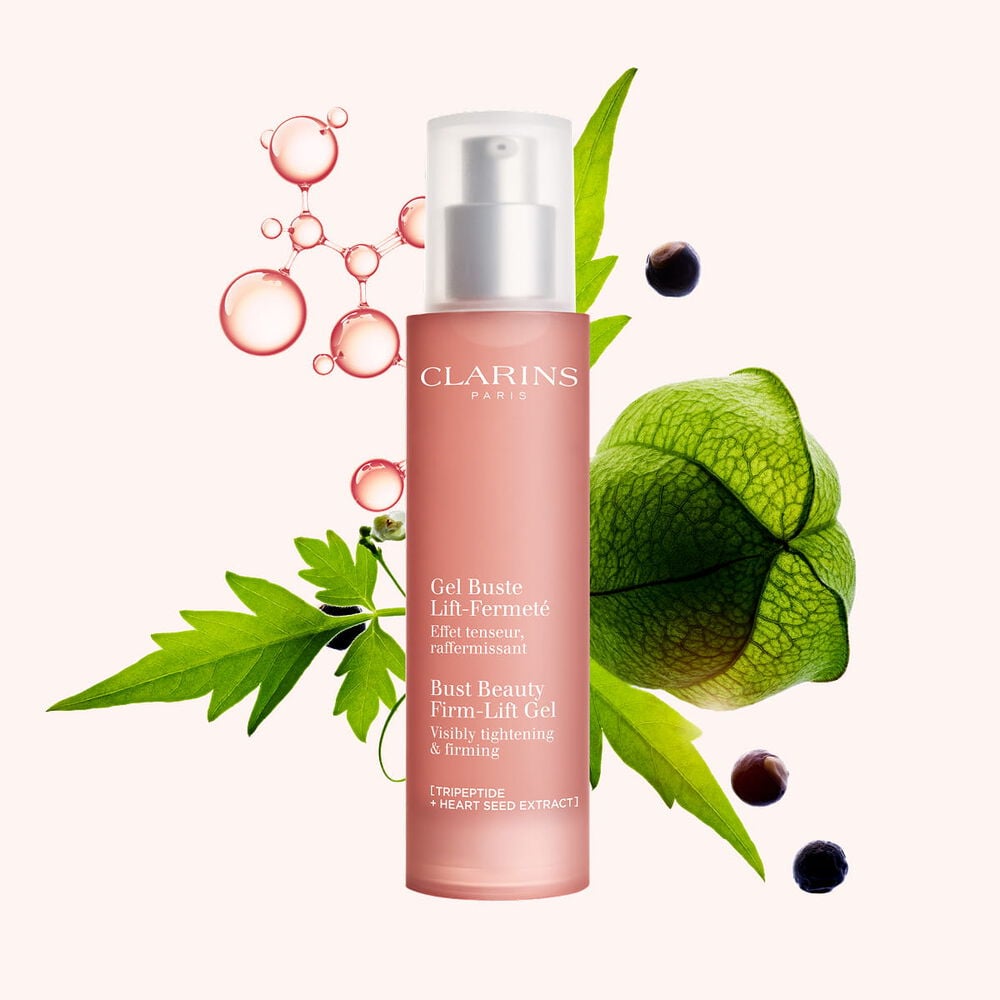 Plan produit du Gel Buste Lift-Fermet&eacute; Clarins avec pois de c&oelig;ur et mol&eacute;cules de tripeptide de collag&egrave;ne illustrant ses ingr&eacute;dients cl&eacute;s.