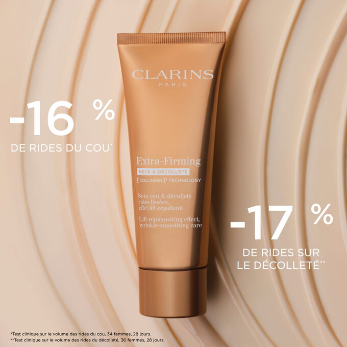 Plan produit de la Cr&egrave;me  Extra-Firming Neck & D&eacute;collet&eacute; sur un fond textur&eacute;, illustrant son effet anti-rides sur la zone du cou.