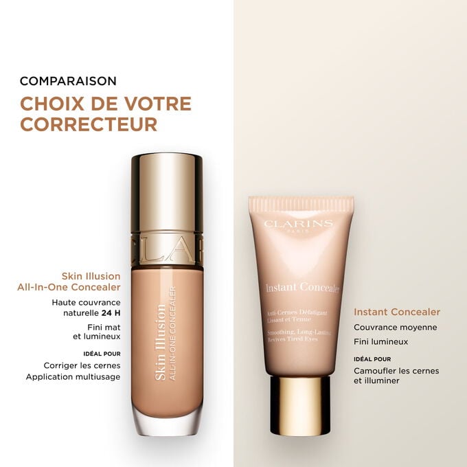 Comparaison du correcteur haute couvrance Skin Illusion All-in-One Concealer par rapport &agrave; Instant Concealer pour choisir entre un fini mat lumineux ou &eacute;clatant.