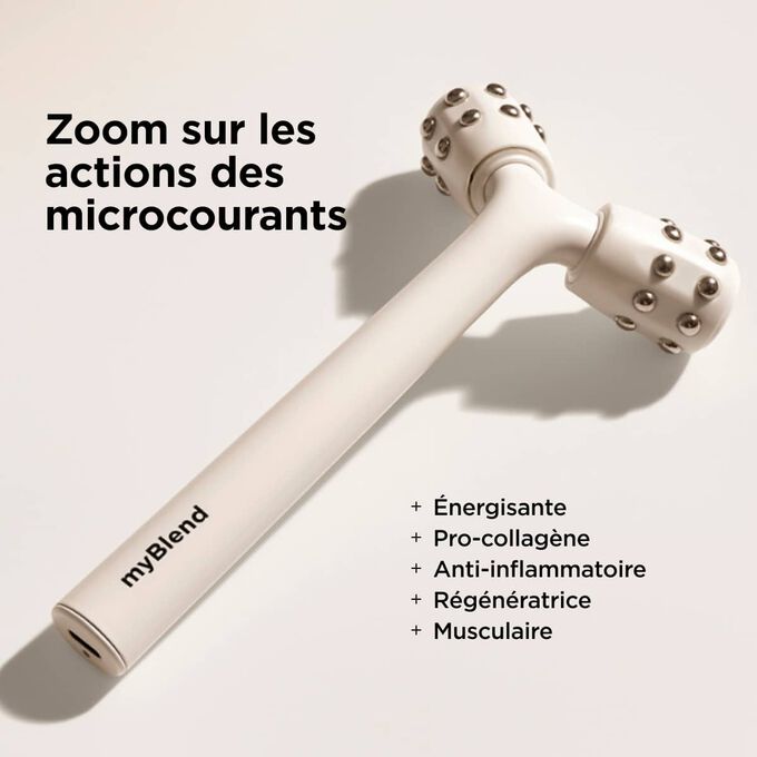Appareil de massage facial liftant blanc &laquo; myLIFTINGroller &raquo;, pr&eacute;sent&eacute; avec une liste de ses bienfaits mettant en avant ses actions anti-&acirc;ge gr&acirc;ce aux micro-courants.