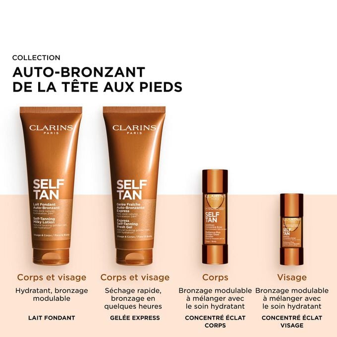 Plan produit de la gamme auto-bronzante de Clarins, qui contient des produits visage et corps pour un &eacute;clat radieux, dor&eacute; et h&acirc;l&eacute;.