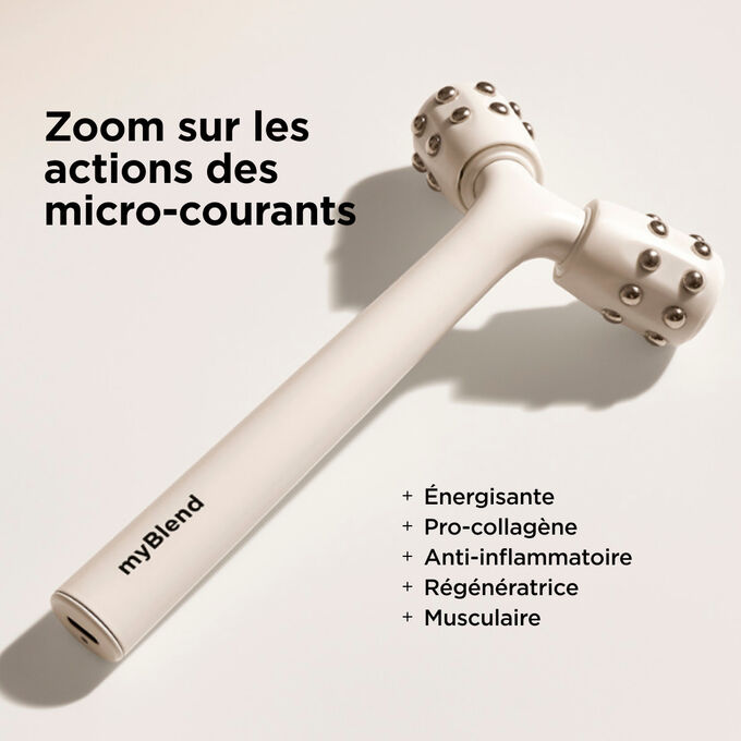 Appareil de massage facial liftant blanc &laquo; myLIFTINGroller &raquo;, pr&eacute;sent&eacute; avec une liste de ses bienfaits mettant en avant ses actions anti-&acirc;ge gr&acirc;ce aux micro-courants.