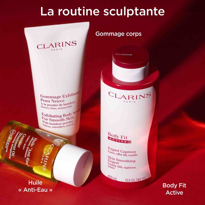 Routine sculptante avec Body Fit Active, l'huile &laquo;&nbsp;Anti-Eau&nbsp;&raquo; et le Gommage Exfoliant Peau Neuve