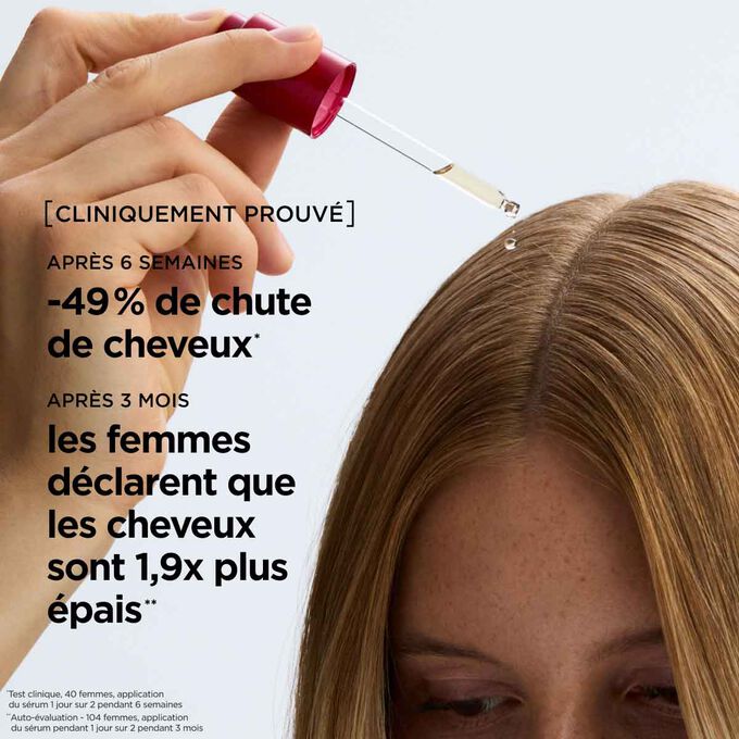 Application du s&eacute;rum anti-chute directement sur le cuir chevelu pour am&eacute;liorer la long&eacute;vit&eacute; des cheveux et stimuler leur densit&eacute; afin d&rsquo;obtenir une chevelure paraissant plus &eacute;paisse
