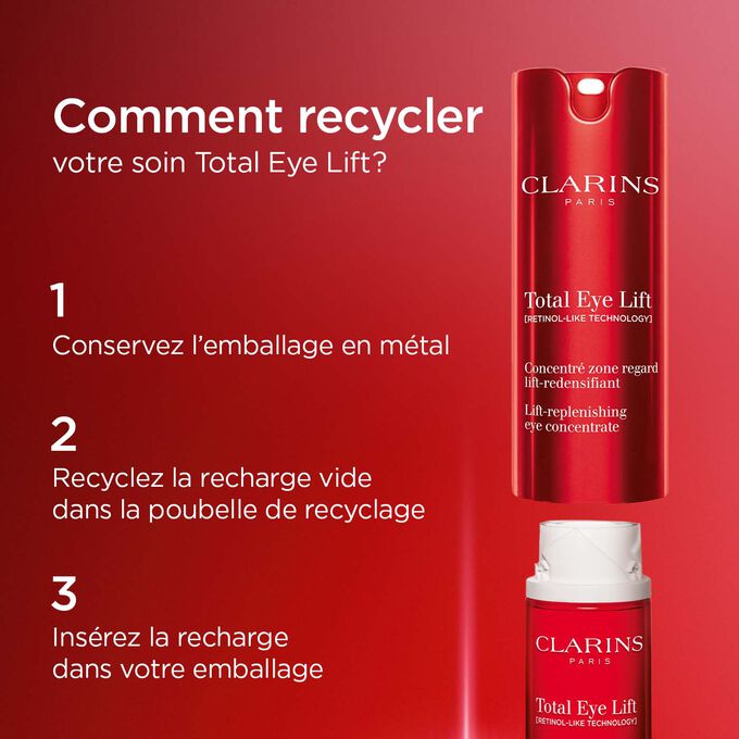 Processus de recyclage du Total Eye Lift de Clarins : Conservez l’emballage métallique, recyclez la recharge vide et insérez une nouvelle recharge dans l’emballage.