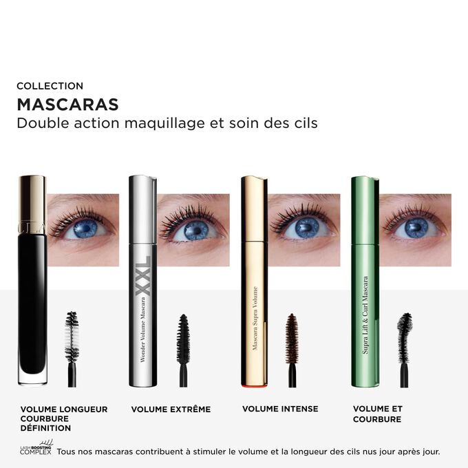 La Collection Mascaras Clarins offre un volume, une longueur, une courbure et une d&eacute;finition exceptionnelle gr&acirc;ce au lash-boosting complex pour prendre soin des cils.