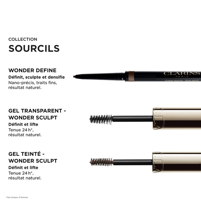 La routine sourcils Clarins avec les essentiels : Wonder Define, Wonder Sculpt Clear Gel et Wonder Sculpt Tinted Gel pour un effet liftant naturel et une tenue 24 h.