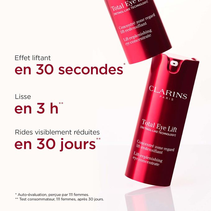 Plan produit Total Eye Lift de Clarins avec texte soulignant son effet liftant en 30 secondes, son effet lissant en 3 heures, et une réduction des rides et des ridules dès 30 jours