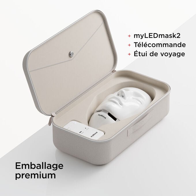 Gros plan sur l&rsquo;emballage premium du myLEDmask2, avec son &eacute;tui de voyage et sa t&eacute;l&eacute;commande