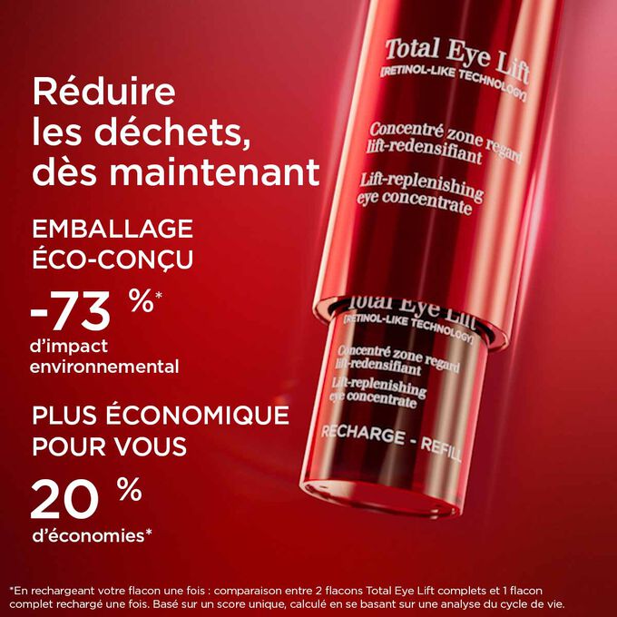 Gros plan sur un emballage Total Eye Lift, mettant en avant son format éco-recharge, avec 73 % d’impact environnemental en moins