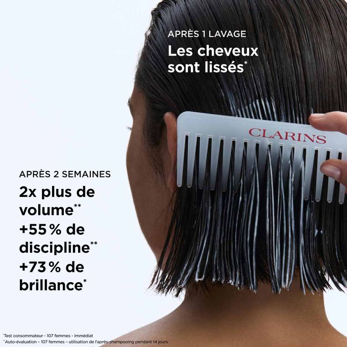 R&eacute;sultats de l&rsquo;apr&egrave;s-shampooing lissant sur les cheveux : deux fois plus de volume et +73&nbsp;% de brillance pour des cheveux faciles &agrave; coiffer.