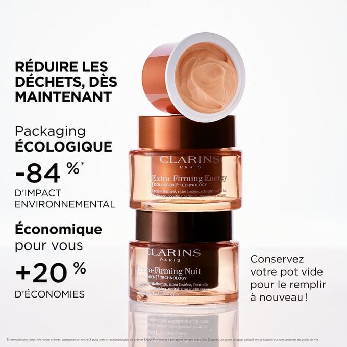 Plan produit du packaging et de la recharge de la cr&egrave;me Extra-Firming, mettant en &eacute;vidence le packaging &eacute;cologique et les caract&eacute;ristiques de la recharge en termes de durabilit&eacute;