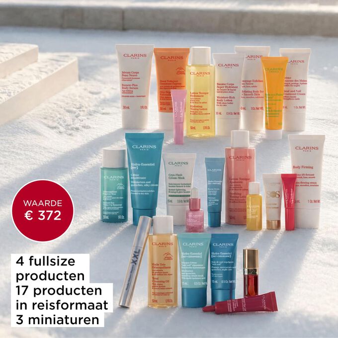 Beauty adventskalender van Clarins met 4 fullsize producten, 17 producten in reisformaat en 3 miniaturen, met een totale waarde van 372 euro.