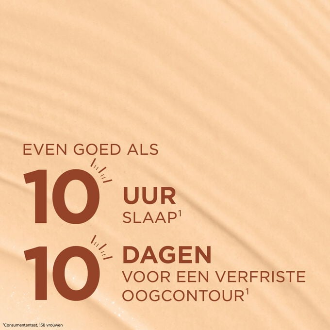 Concealertextuur met een effect alsof je tien uur lang heerlijk heeft geslapen; zorgt binnen tien dagen voor een verfriste oogcontour en een uitgeruste uitstraling