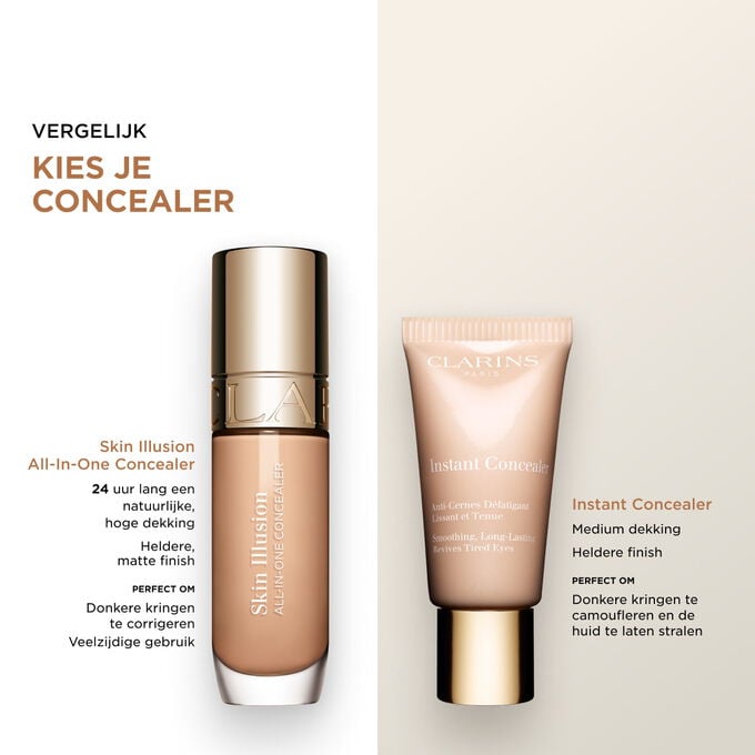 Vergelijk de Skin Illusion All-in-One Concealer met hoge dekking met de Instant Concealer en kies tussen een heldere matte of een stralende finish.