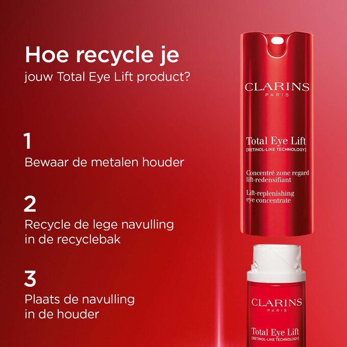 Het recycleproces voor Clarins Total Eye Lift: Bewaar de metalen houder, recycle de lege navulling en plaats een nieuwe navulling in de houder.