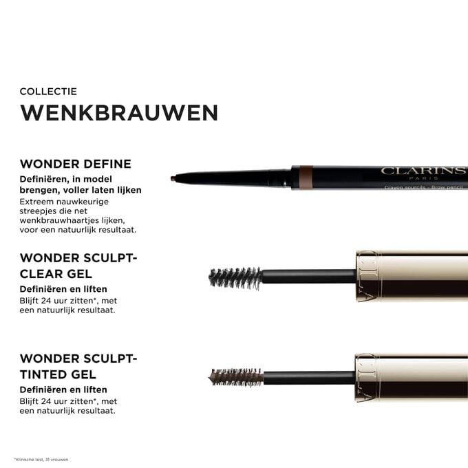 De onmisbare producten uit de Clarins Brow Defining-routine: Wonder Define, Wonder Sculpt-Clear Gel en Wonder Sculpt-Tinted Gel voor een natuurlijk gelifte look die 24 uur lang mooi blijft zitten.
