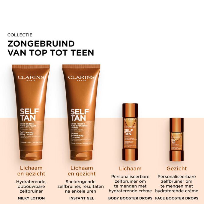 Packshot van het Clarins zelfbruinerassortiment, inclusief zelfbruiners voor gezicht en lichaam voor een stralende, zonovergoten glow.
