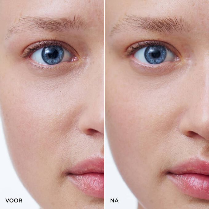 Voor-en-na-foto's van de wenkbrauwen van een vrouw die Clarins Wonder Sculpt Brow Gel heeft gebruikt, met een gelift, gestructureerd en natuurlijk gedefinieerd resultaat.