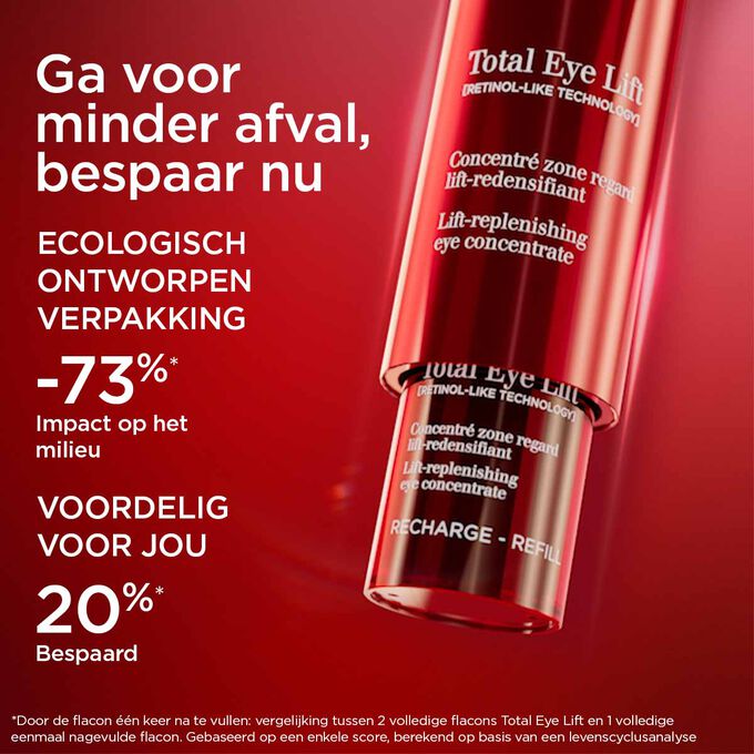 Close-up van de Total Eye Lift-verpakking waarbij de nadruk wordt gelegd op het eco navulformaat met 73% minder impact op het milieu