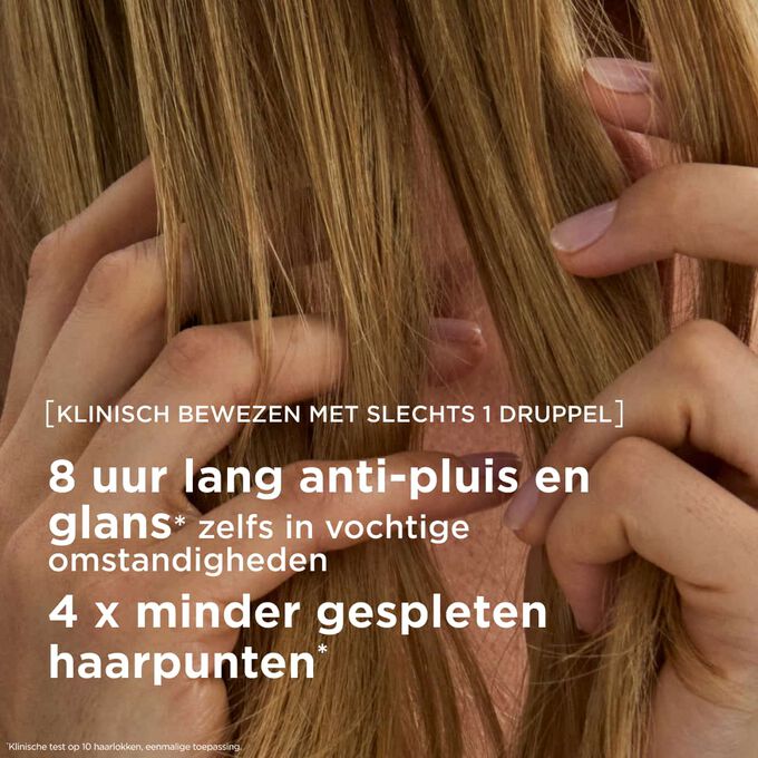 Een verzorgende haarolie die het haar 8 uur lang laat glanzen, pluizig haar tegengaat en voor 4 keer minder gespleten haarpunten zorgt, zelfs in vochtige omstandigheden.