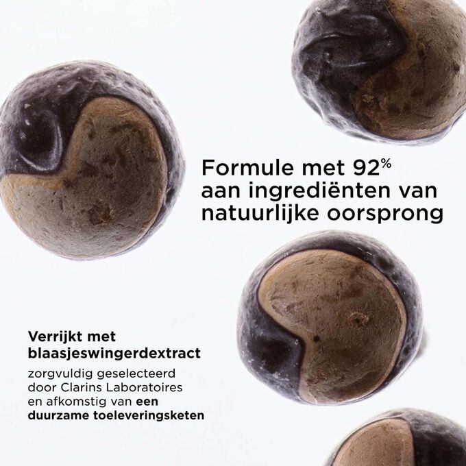Focus op de blaasjeswingerd, waarbij de nadruk wordt gelegd op de formule van Clarins die voor 92% bestaat uit zorgvuldig geselecteerde ingredi&euml;nten van natuurlijke oorsprong en duurzame herkomst.