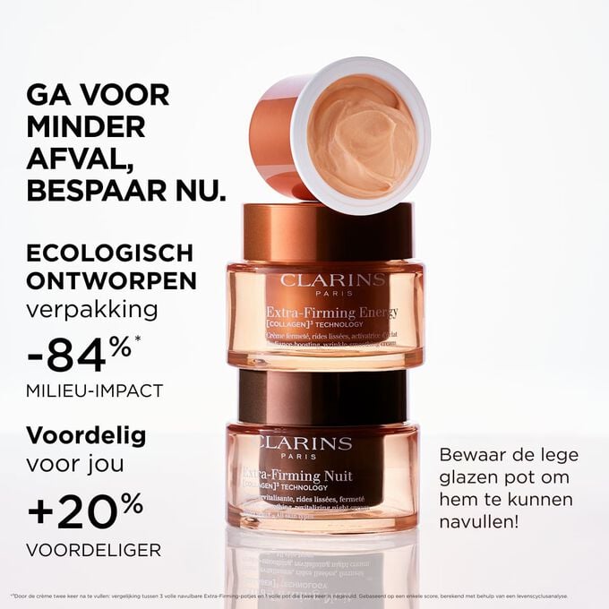 Packshot van Extra-Firming-verpakking en -navulling, met nadruk op het duurzame, ecovriendelijke en navulbare ontwerp.