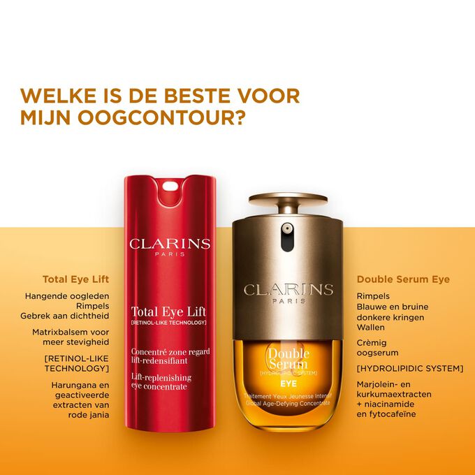 Vergelijk de Total Eye Lift en het Double Serum Eye oogcontourserum om de anti-ageing verzorging te vinden die het best bij je past.