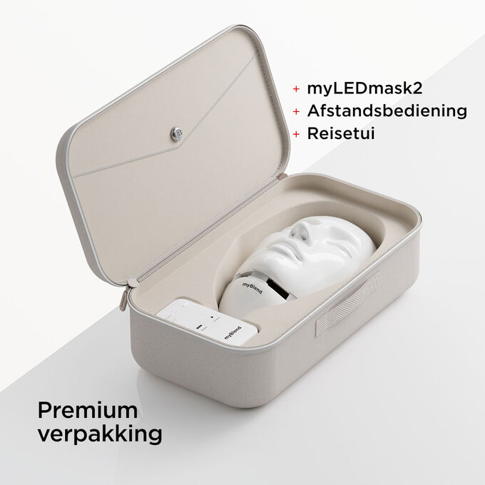 Close-up van de premium verpakking van myLEDmask2 met reisetui en afstandsbediening
