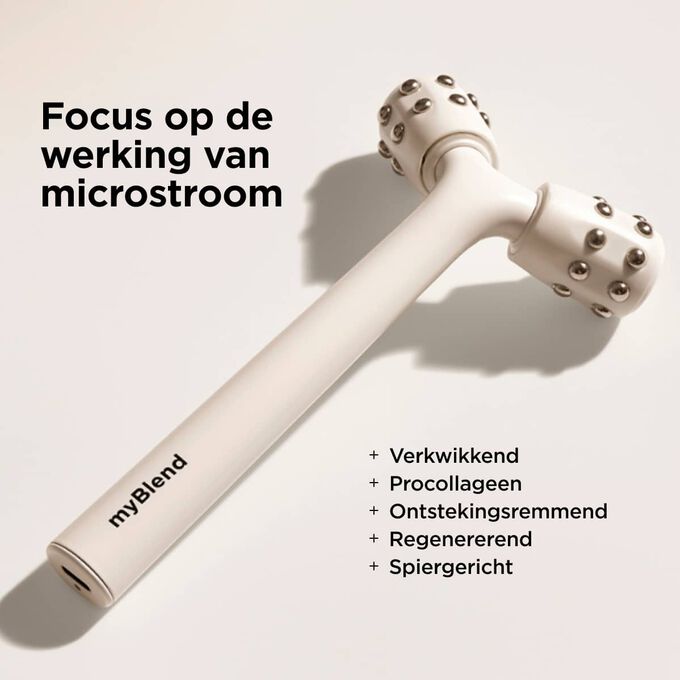 Wit liftend gezichtsmassageapparaat myLIFTINGroller, gepresenteerd met een lijst van voordelen waarin de anti-ageing werking van microstroom wordt benadrukt.