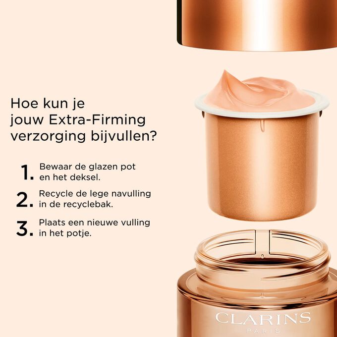 Illustratie die in verschillende stappen uitlegt hoe je jouw Extra-Firming verzorgingsproduct correct kan recyclen