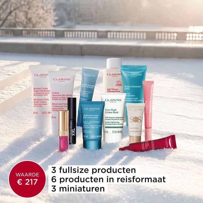 Beauty adventskalender van Clarins met 12 dagen vol huidverzorging, lichaamsverzorging en make-up, bestaande uit fullsize producten en producten in reisformaat, verpakt in een rode doos.