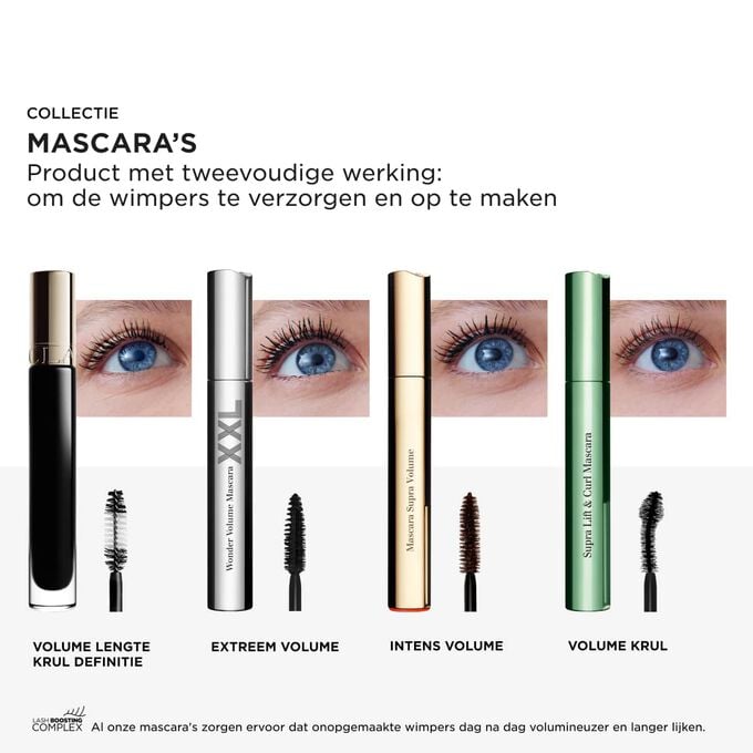 De mascaracollectie van Clarins staat garant voor volumineuze, lange, mooi gekrulde en gedefinieerde wimpers dankzij het Lash Boosting Complex dat de wimpers verzorgt en optimale resultaten levert.