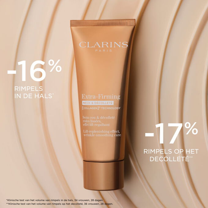 Packshot van de Extra-Firming Neck & D&eacute;collet&eacute; Cream tegen een getextureerde achtergrond, waarbij het antirimpeleffect op de hals wordt benadrukt.