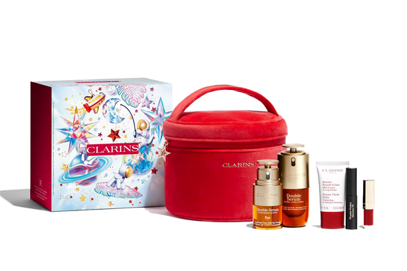 Coffret rituel Double Serum & Double Serum Eye avec mini mascara & mini Huile Confort Lèvres & dose d'essai Eau Micellaire Démaquillante, dans une pochette